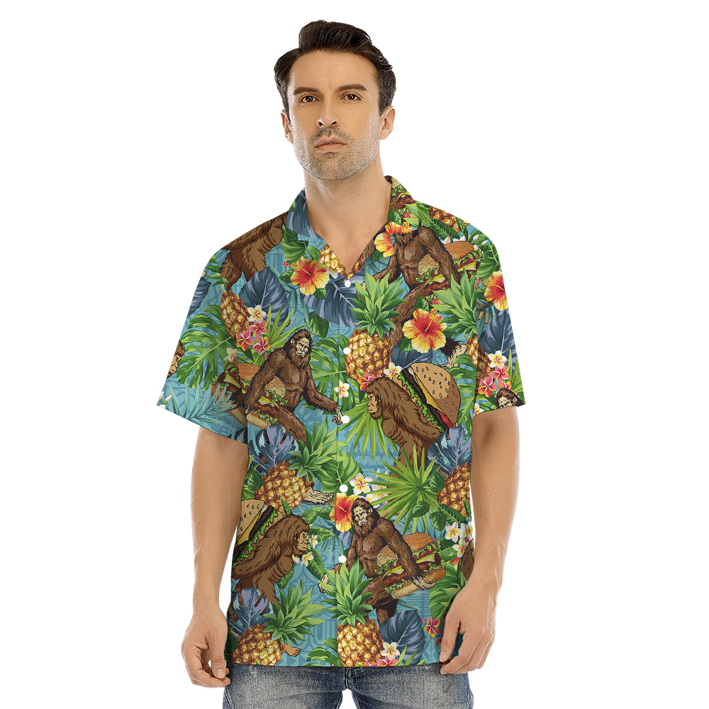 Funny Bigfoot Hamburger Tropical Matching Hawaiian Outfits For Family