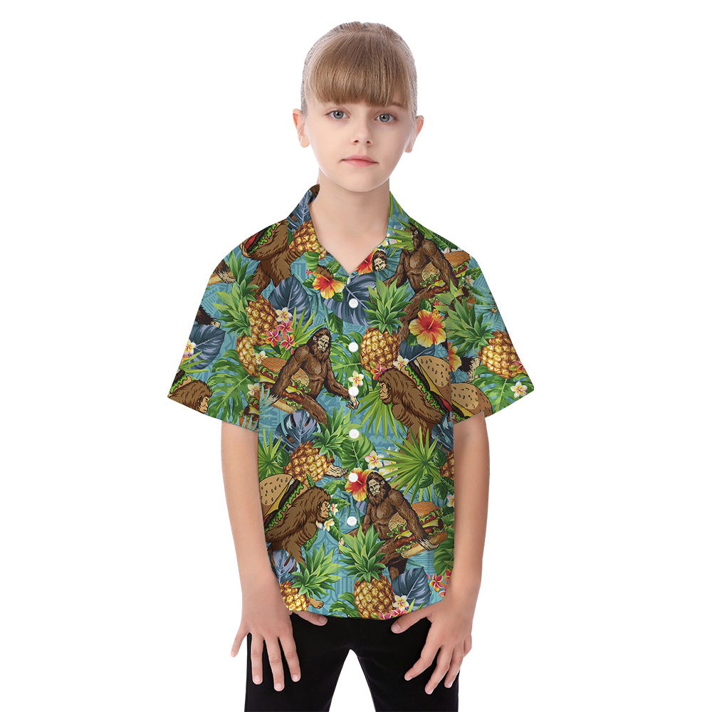 Funny Bigfoot Hamburger Tropical Matching Hawaiian Outfits For Family