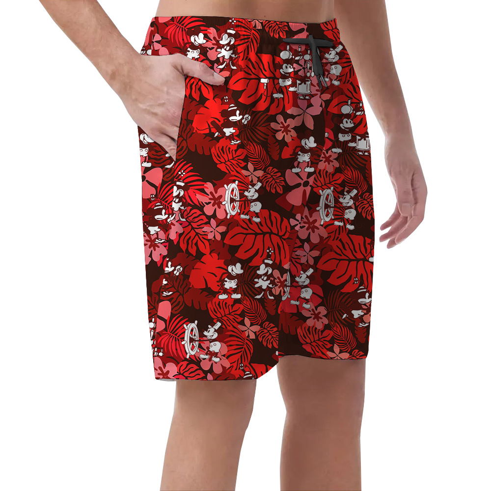 Funny Mickey Steamboat Willie Floral Hawaiian Beach Shorts For Men