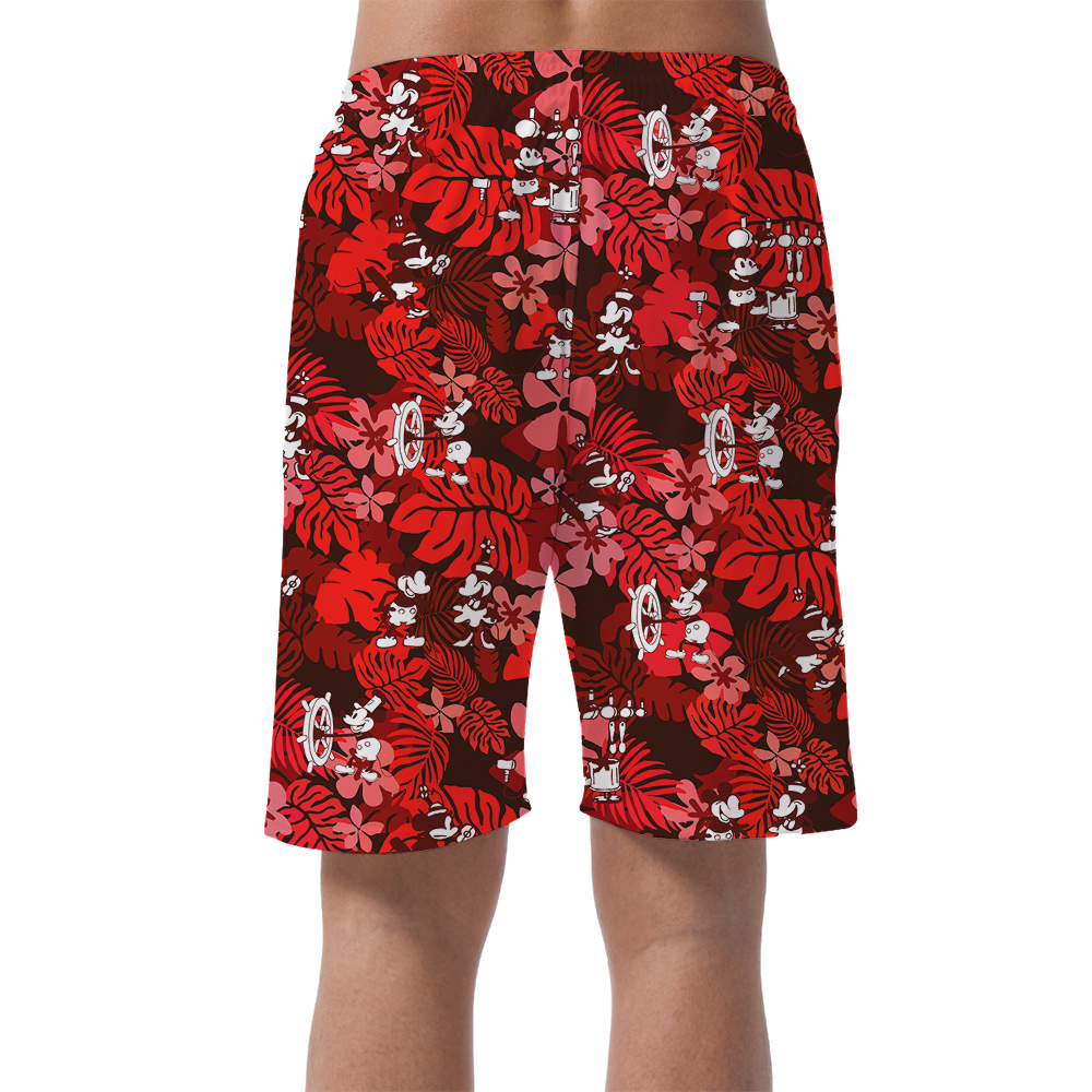 Funny Mickey Steamboat Willie Floral Hawaiian Beach Shorts For Men