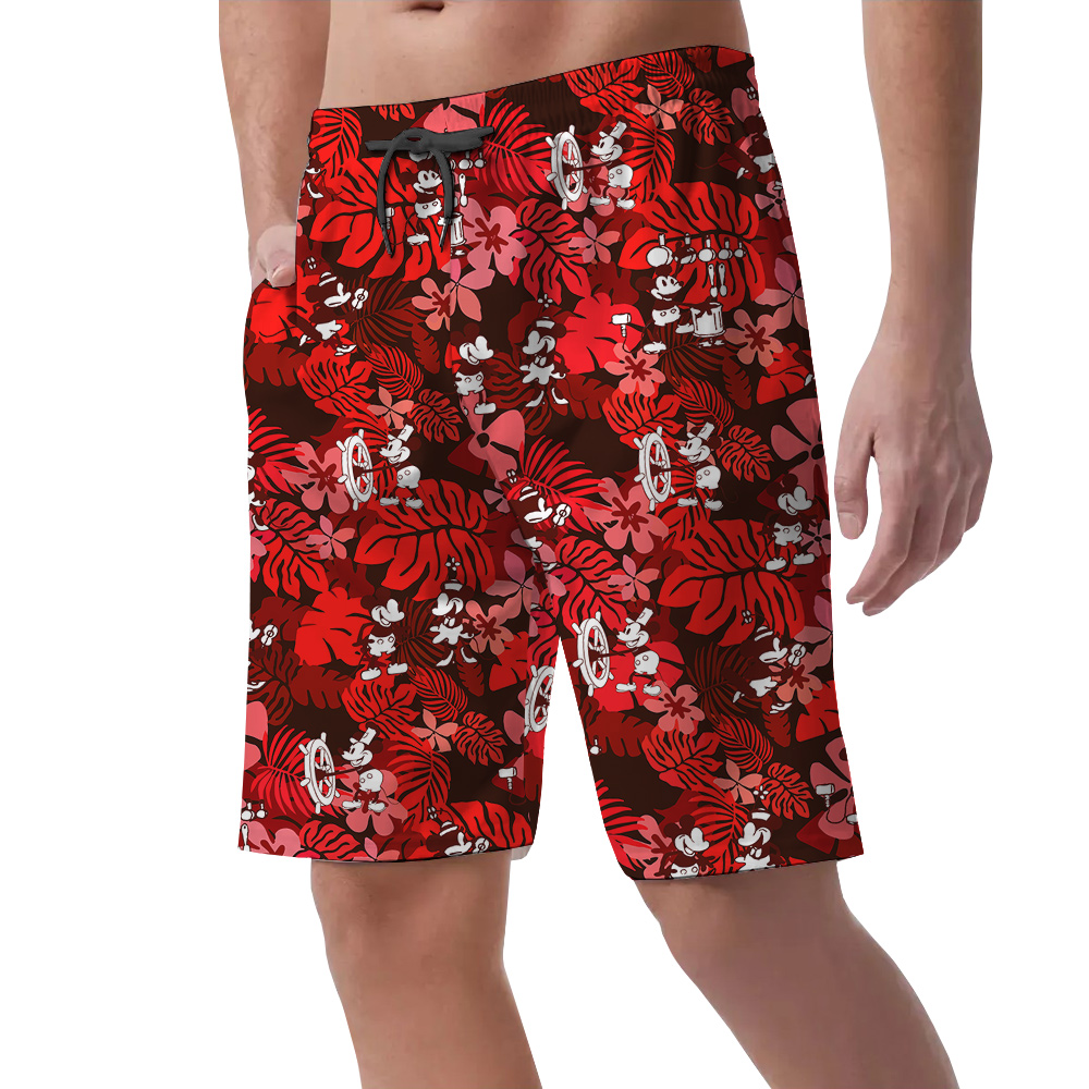 Funny Mickey Steamboat Willie Floral Hawaiian Beach Shorts For Men