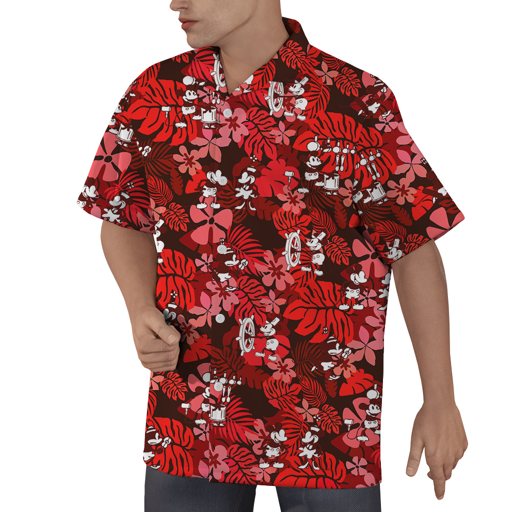 Classic Mickey Steamboat Willie 1928 Floral Hawaiian Short Sleeves Shirt