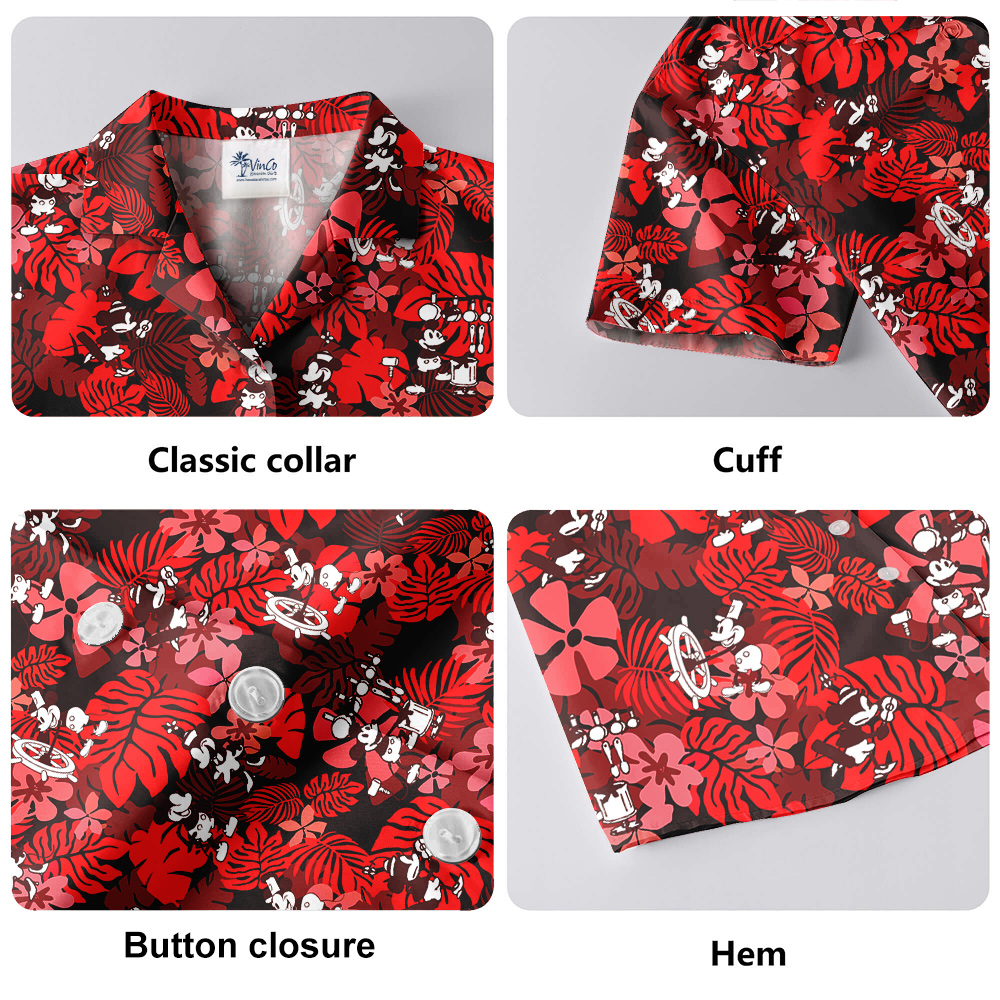 Classic Mickey Steamboat Willie 1928 Floral Hawaiian Short Sleeves Shirt