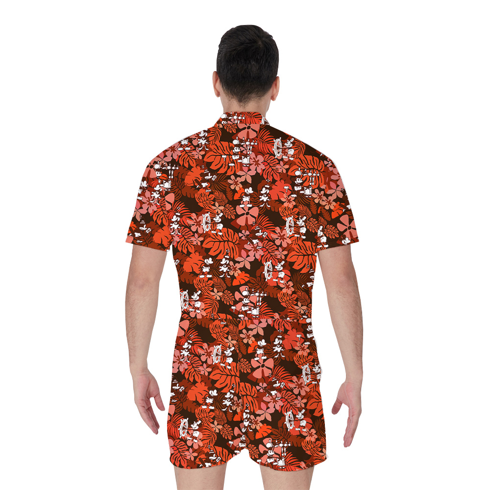 Floral Mickey Steamboat Willie Classic Orange Hawaiian Romper For Men