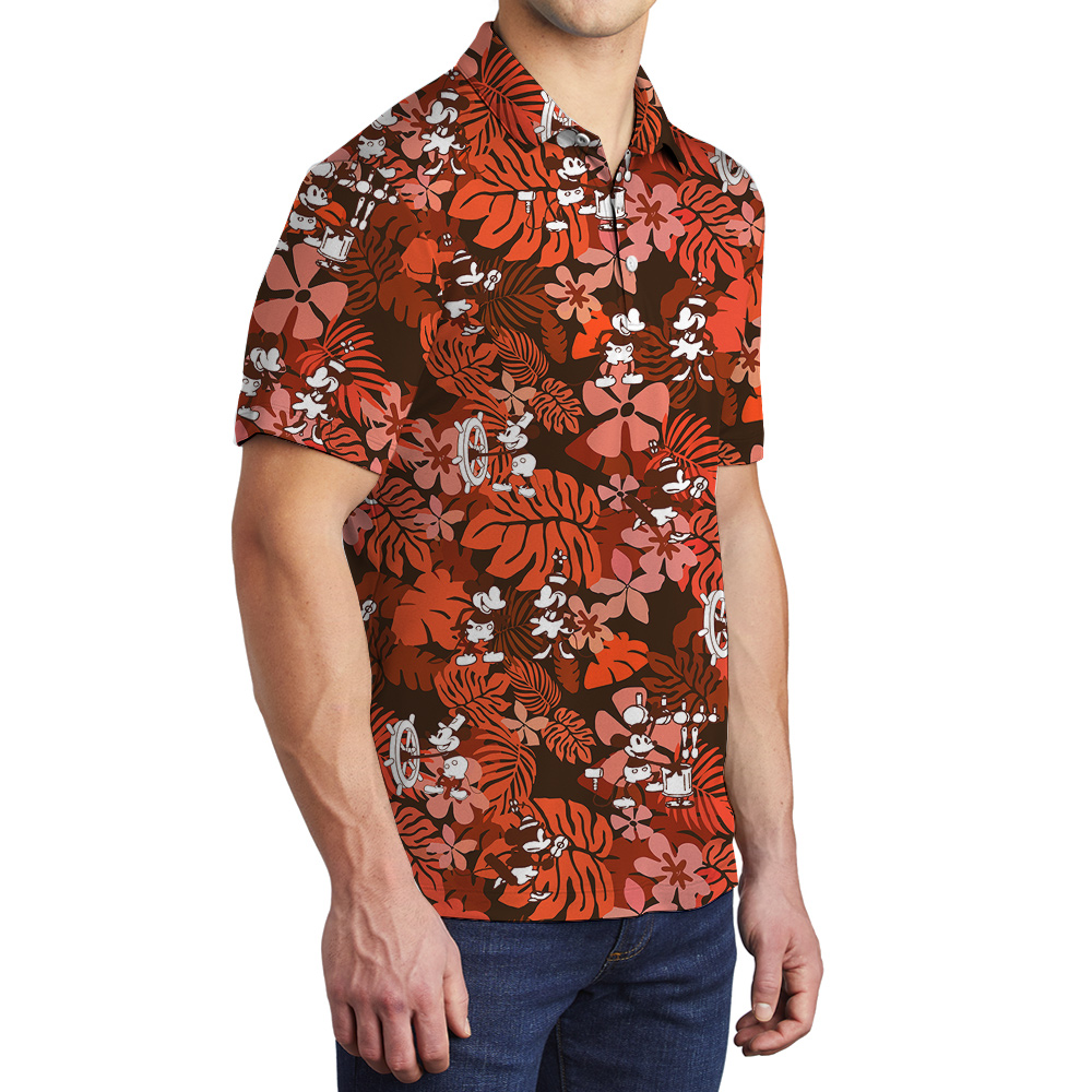Cute Mickey Steamboat Willie Vintage Floral Hawaiian Polo Shirt For Men