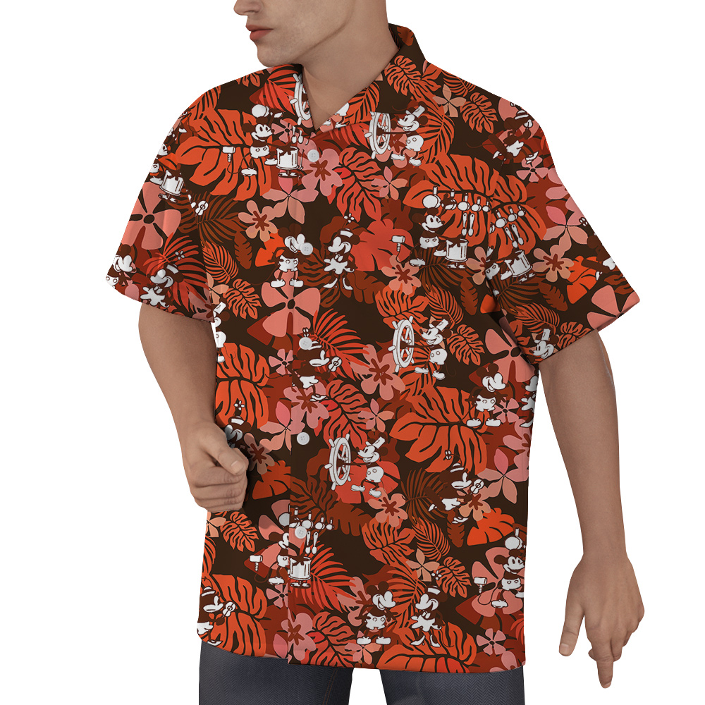 Vintage Hibiscus Mickey Steamboat Willie Hawaiian Button Up Shirt