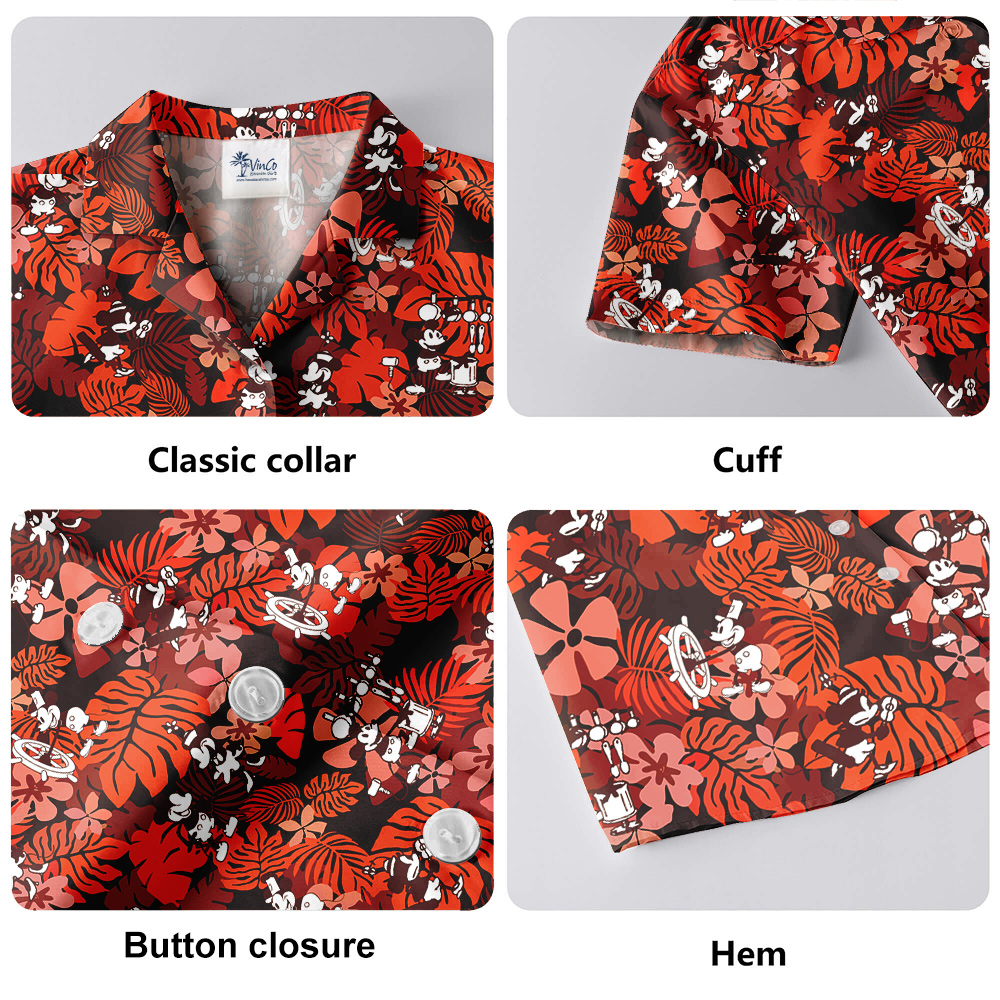 Vintage Hibiscus Mickey Steamboat Willie Hawaiian Button Up Shirt