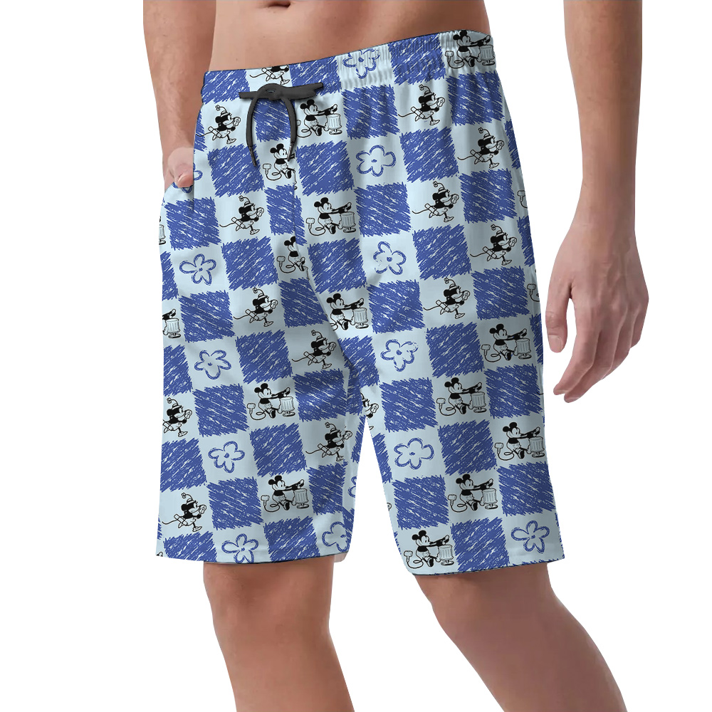 Blue Mickey Steamboat Willie Hawaiian Beach Shorts For Men