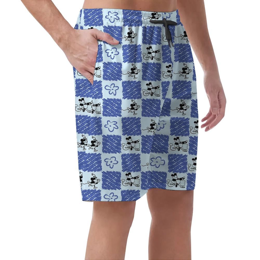 Blue Mickey Steamboat Willie Hawaiian Beach Shorts For Men