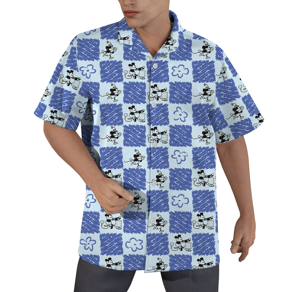 Cute Mickey Steamboat Willie 1928 Floral Blue Hawaiian Shirt - variant image 1