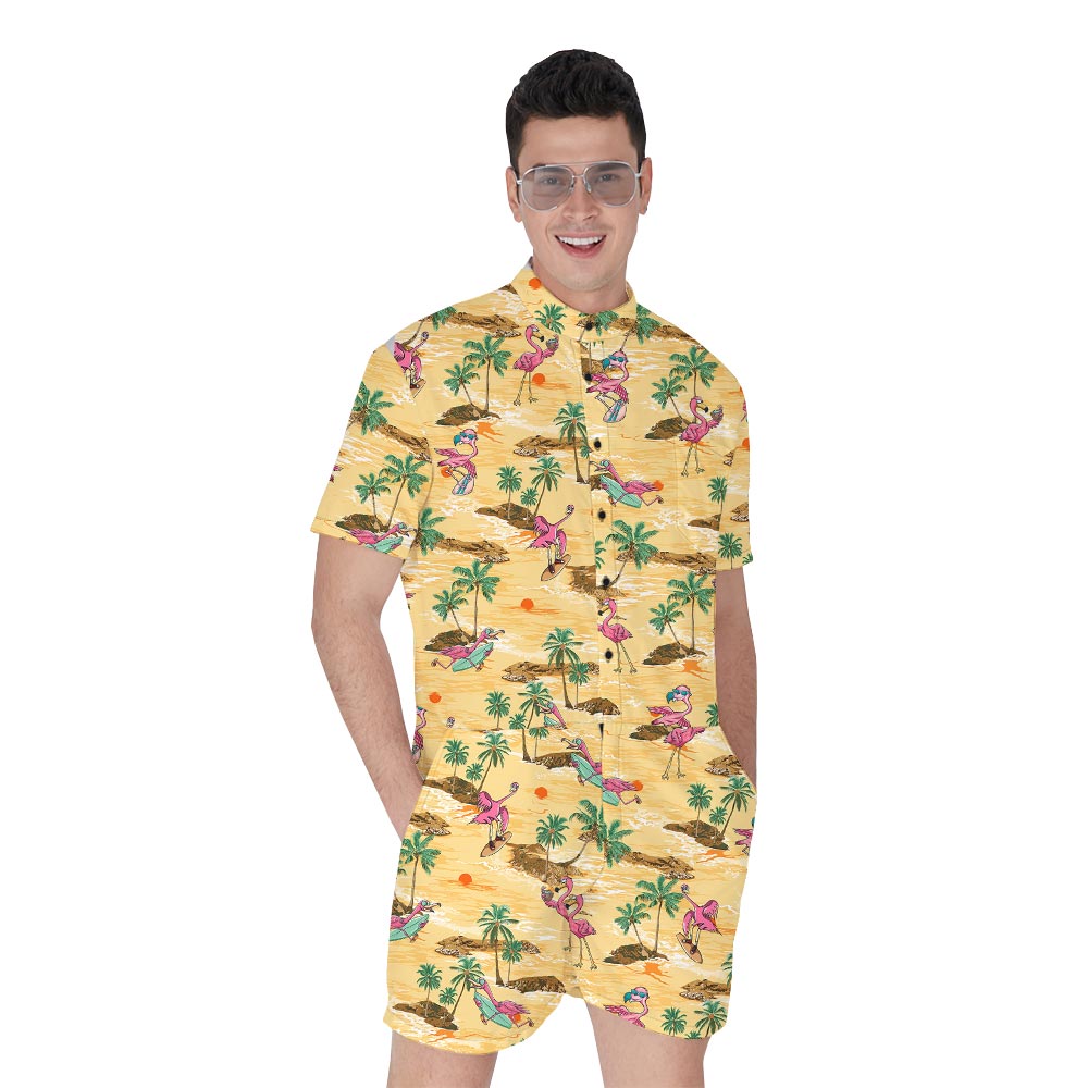 Flamingo Surfing Beach Hawaiian Romper For Men - variant image 1