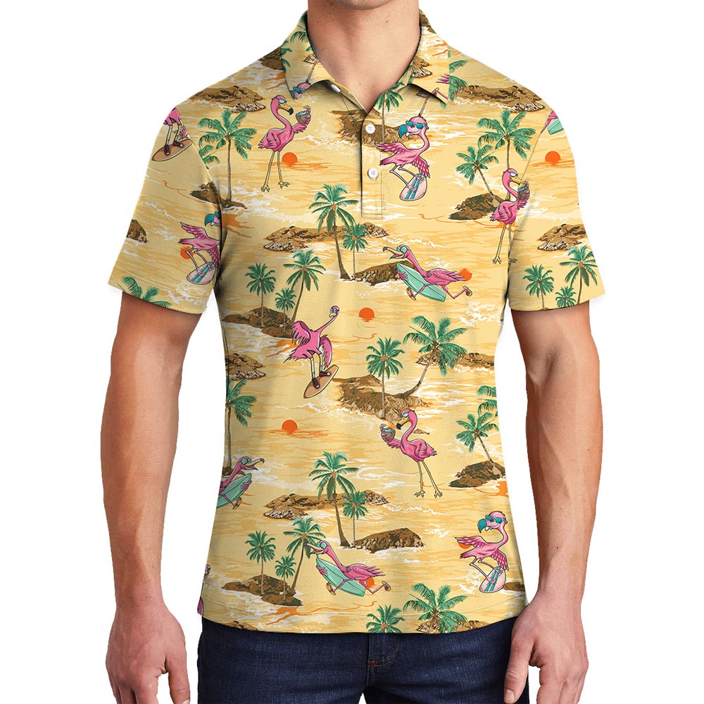 Flamingo Print Men's Hawaiian Polo Shirt - variant image 1