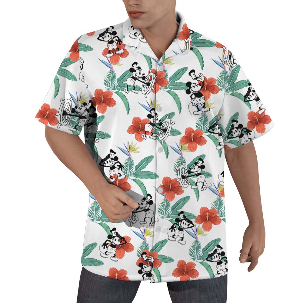 Mickey Mouse Steamboat Willie Floral Hawaiian Shirt For Men - variant image 1
