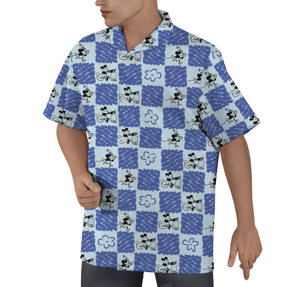 Cute Mickey Steamboat Willie 1928 Floral Blue Hawaiian Shirt