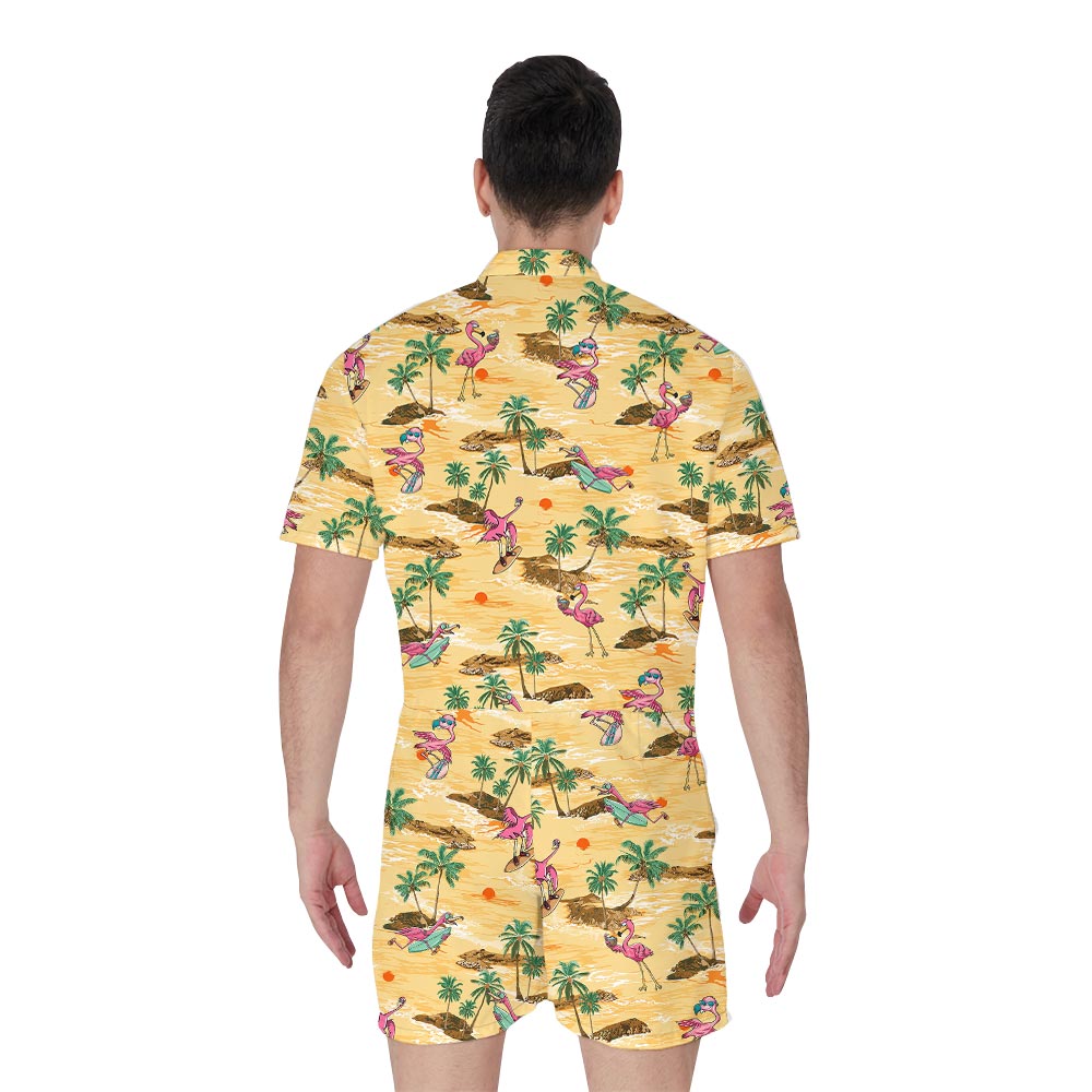 Flamingo Surfing Beach Hawaiian Romper For Men