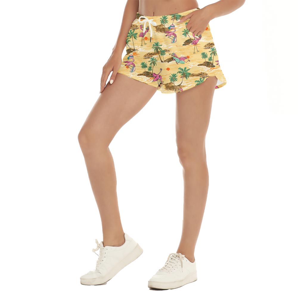 Funny Flamingo Surfing Women's Beach Shorts