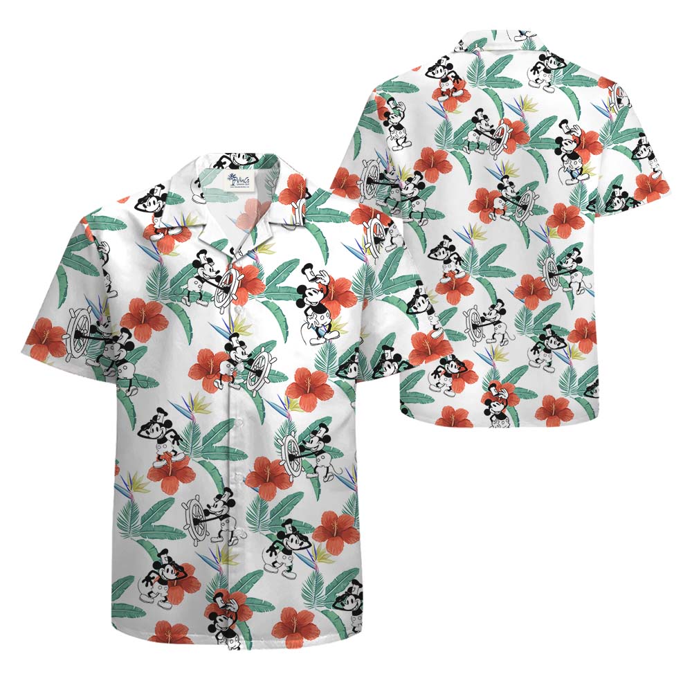 Mickey Mouse Steamboat Willie Floral Hawaiian Shirt For Men