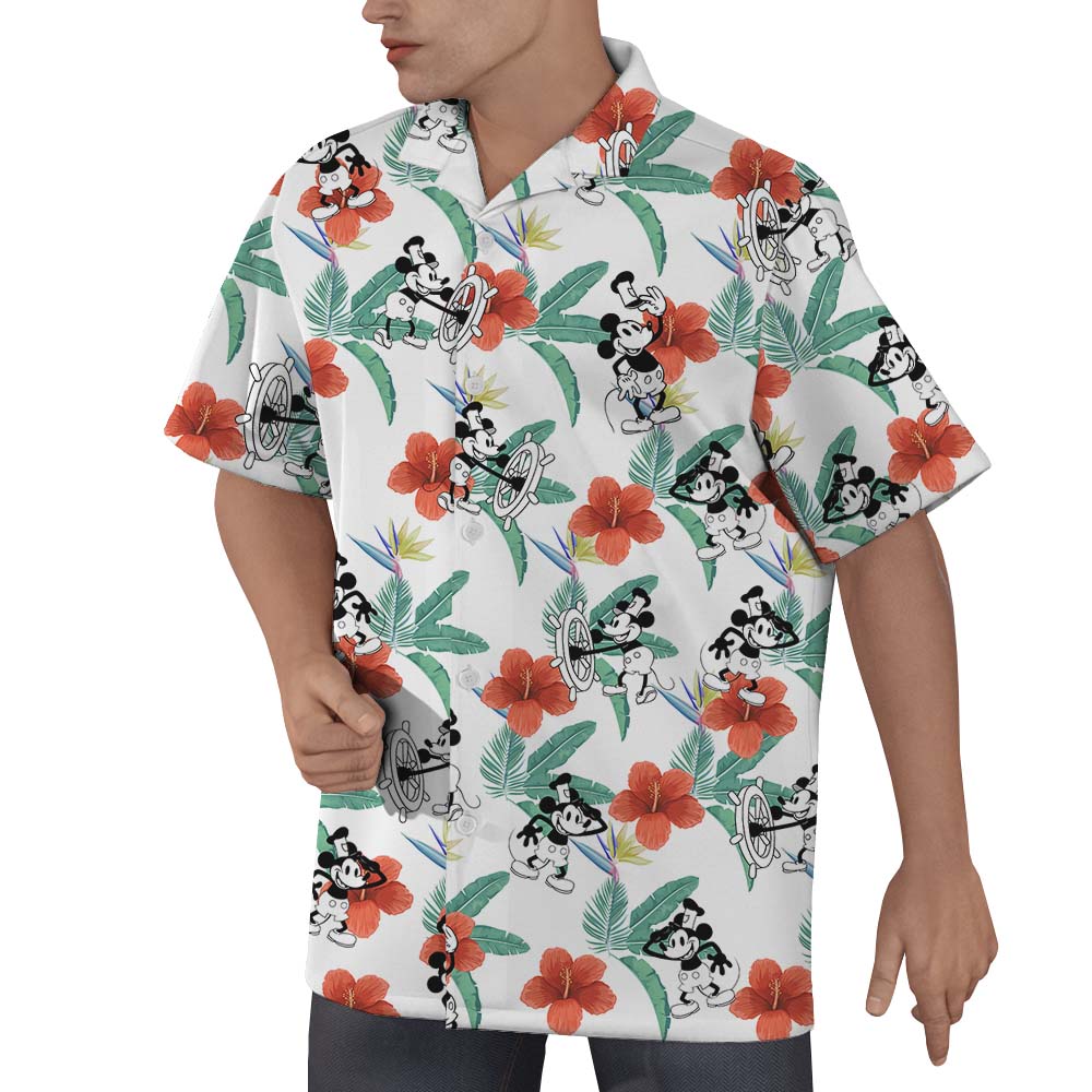Mickey Mouse Steamboat Willie Floral Hawaiian Shirt For Men