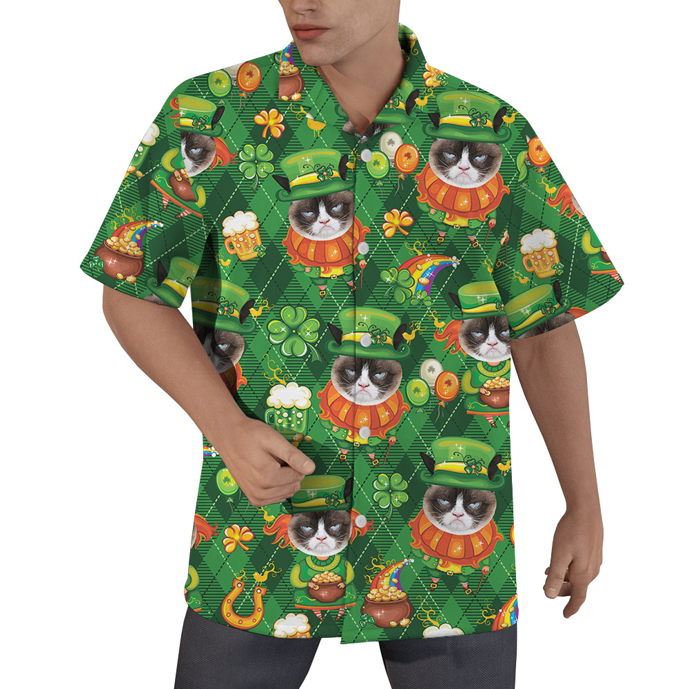 Lucky Custom Cat Face St. Patrick's Day Hawaiian Men Shirts - variant image 1