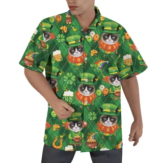 Lucky Custom Cat Face St. Patrick's Day Hawaiian Men Shirts