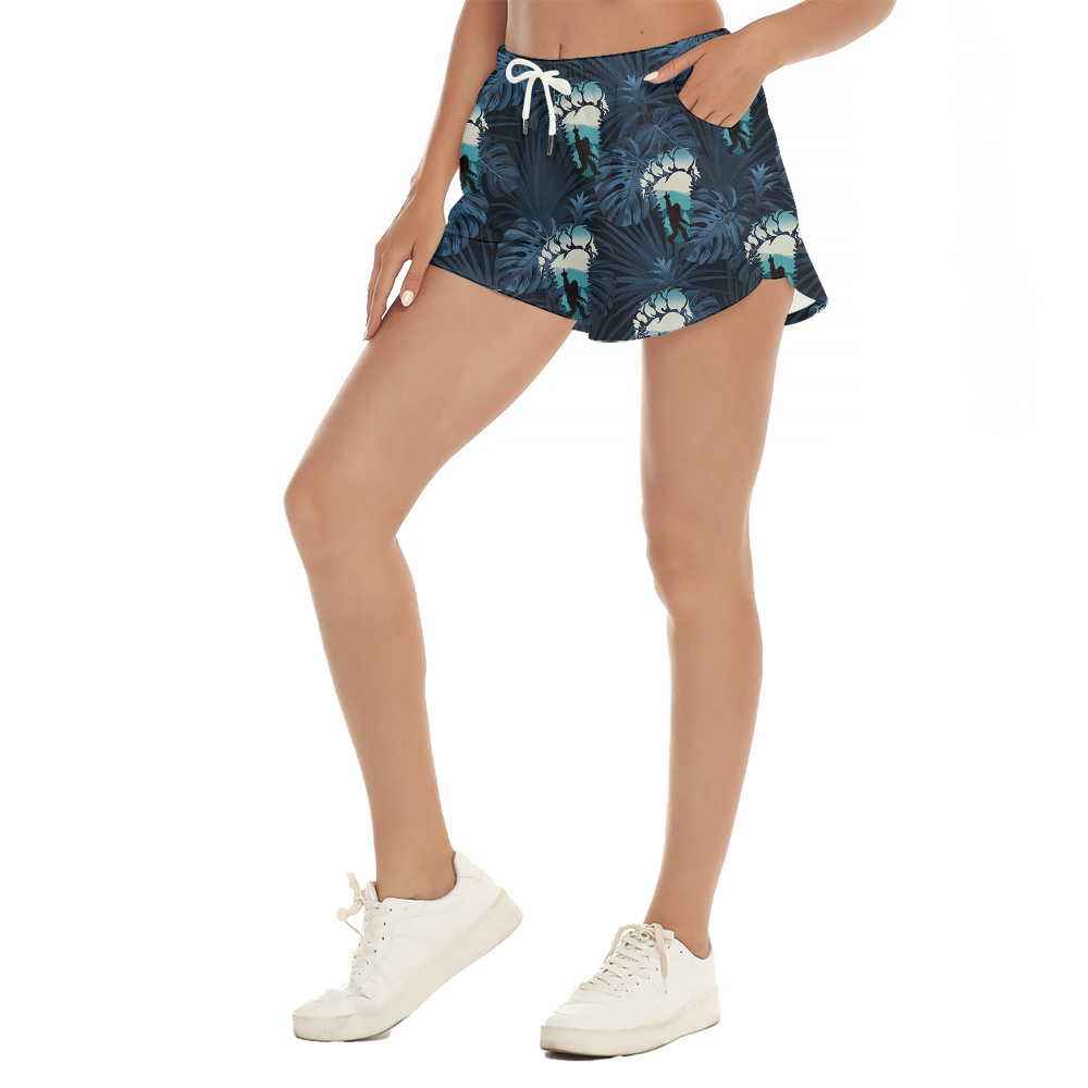 Funny Sasquatch Tropical Navy Hawaiian Beach Shorts For Women