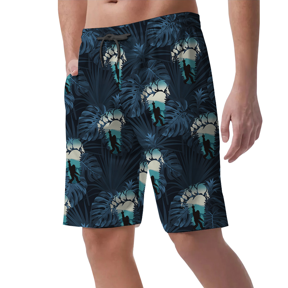 Funny Tropical Bigfoot Navy Hawaiian Beach Shorts For Men