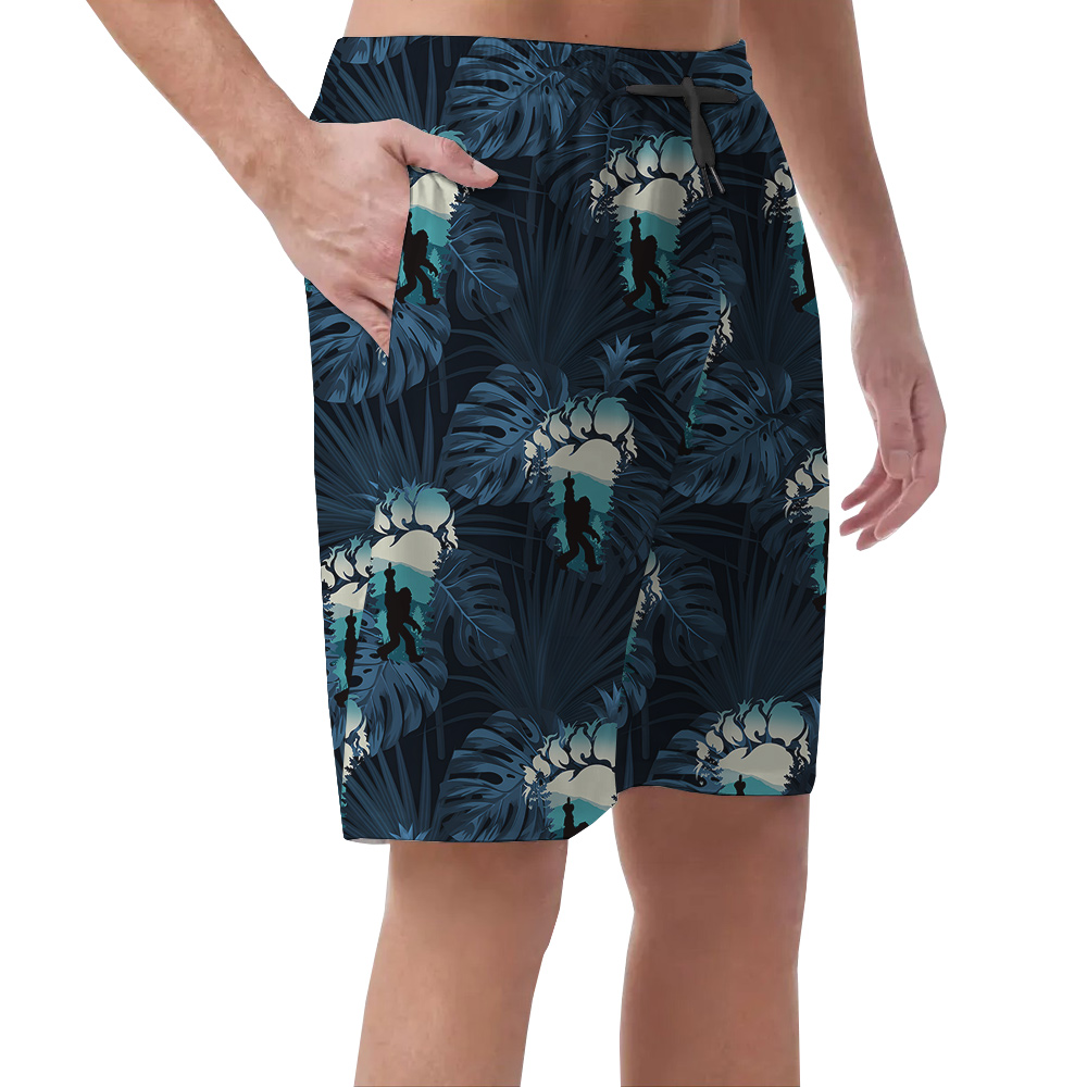 Funny Tropical Bigfoot Navy Hawaiian Beach Shorts For Men