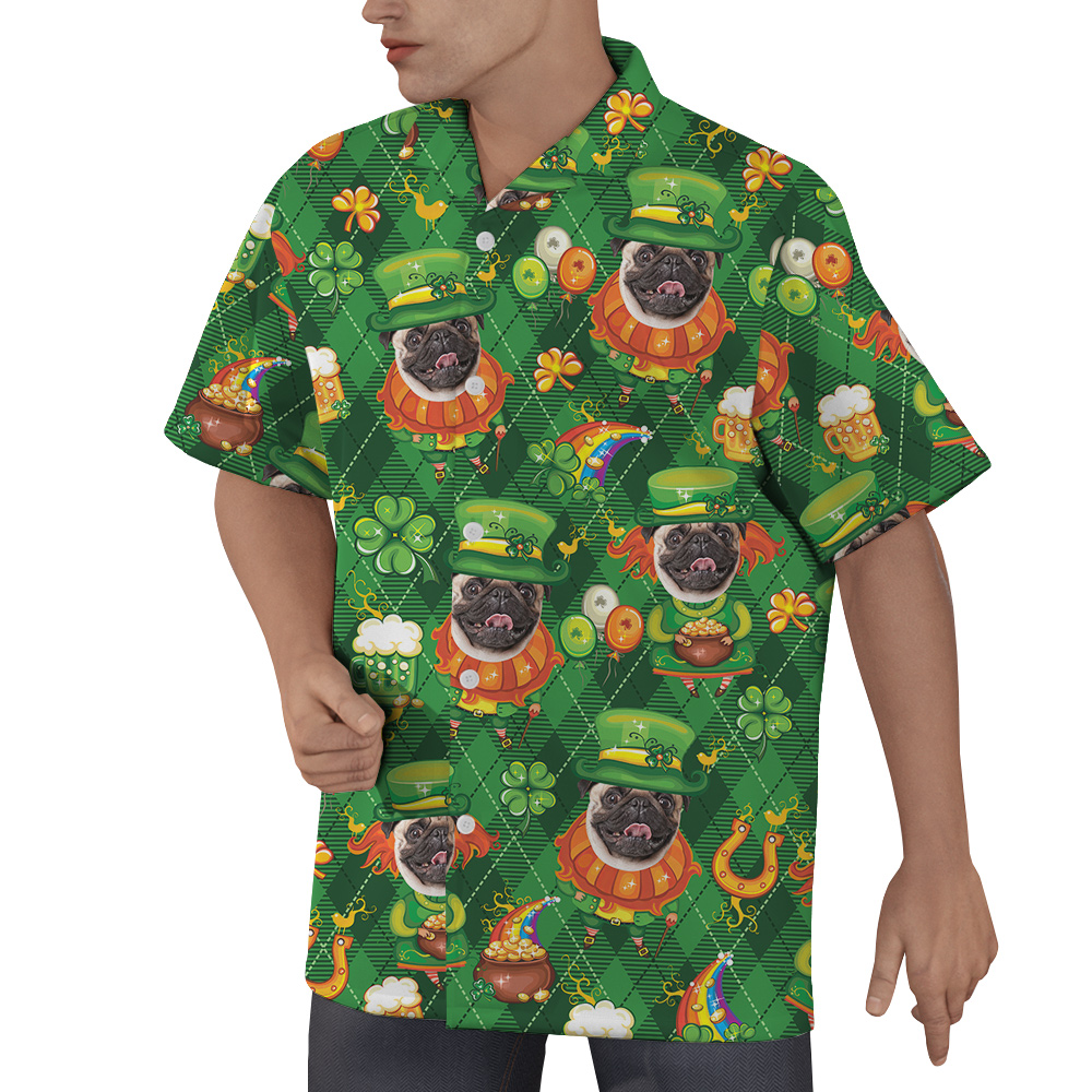 Furry Friend Lucky Look Custom Dog Face St. Patrick's Hawaiian Men Shirt