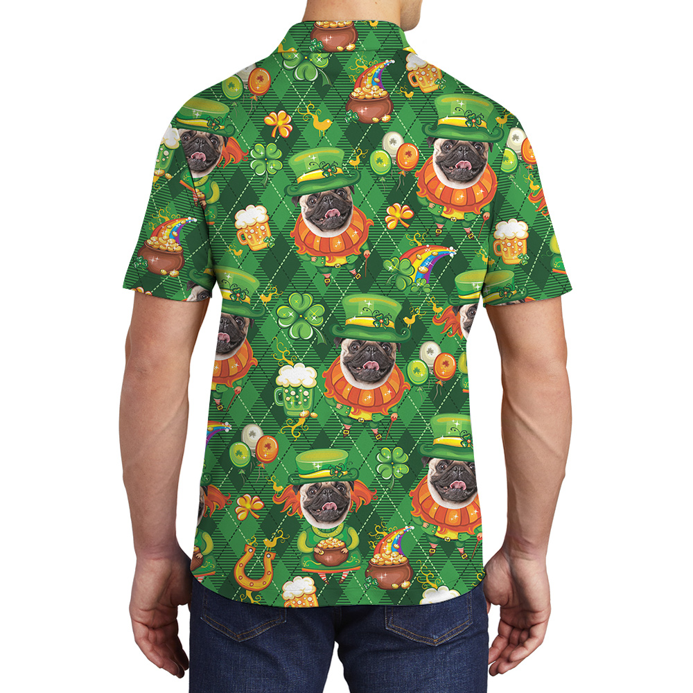 Custom Dog on Leprechaun Hat St Patricks Day Hawaiian Polo Shirt