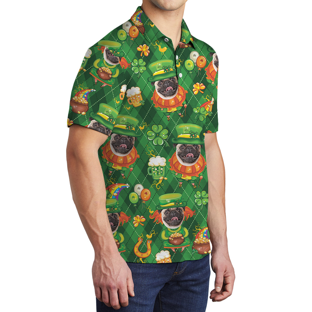 Custom Dog on Leprechaun Hat St Patricks Day Hawaiian Polo Shirt