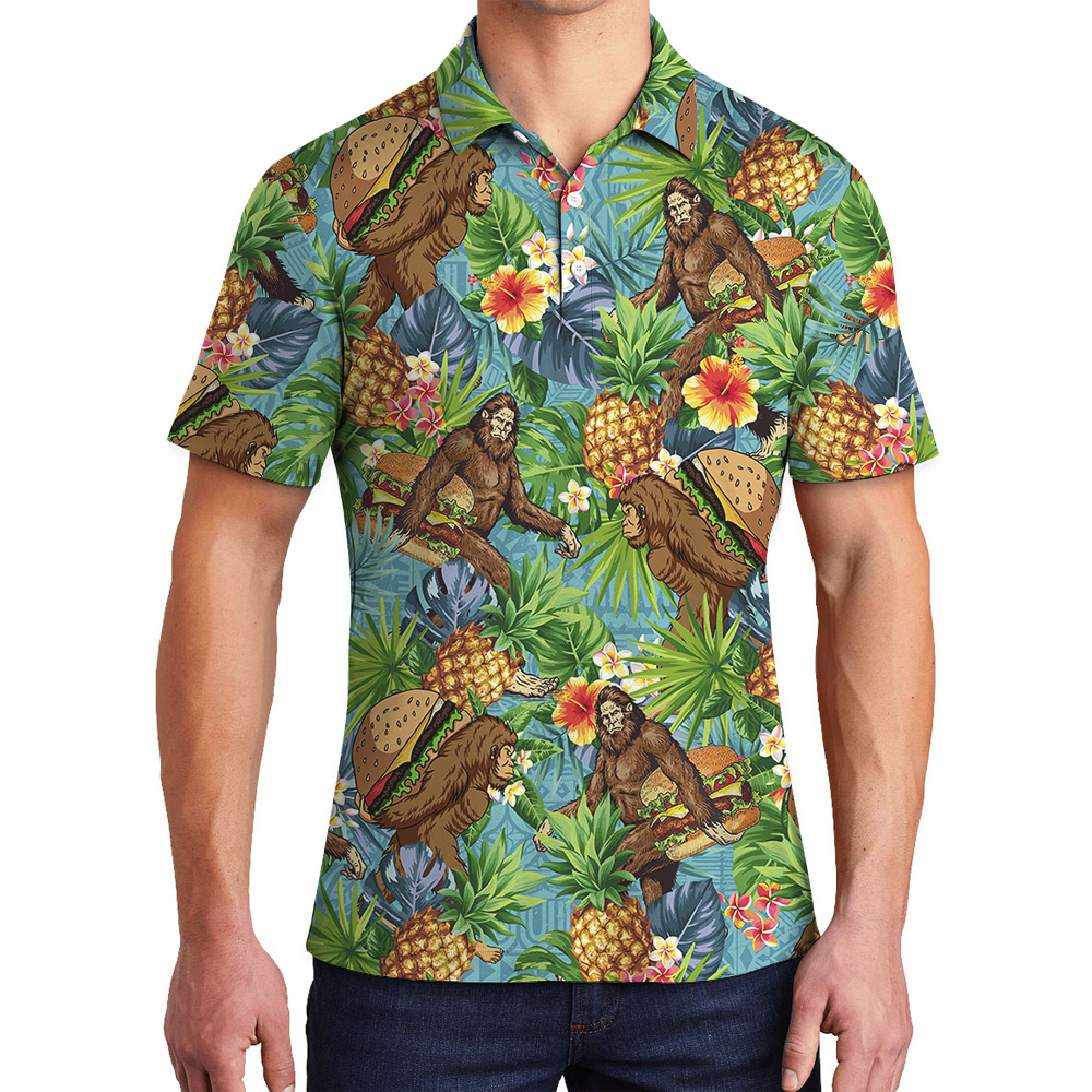 Tropical Pineapple Hamburger Bigfoot Hawaiian Polo Shirt - variant image 1