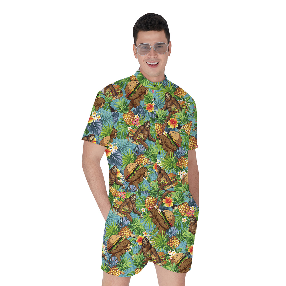 Funny Sasquatch Hamburger Tropical Men's Hawaiian Romper - variant image 1
