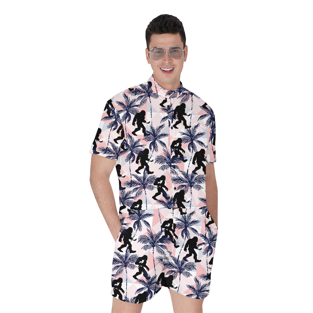 Tropical Palm Tree Bigfoot And Cat Hawaiian Romper For Men - variant image 1