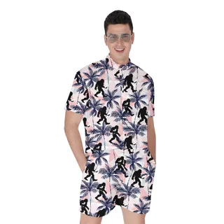 Tropical Palm Tree Bigfoot And Cat Hawaiian Romper For Men