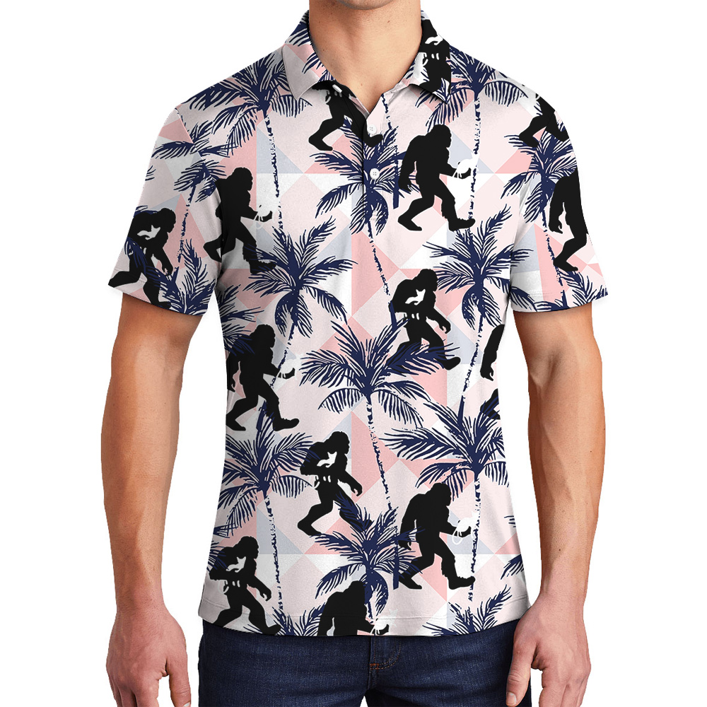 Cute Bigfoot And Cat Tropical Hawaiian Polo Golf Shirt - variant image 1