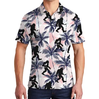 Cute Bigfoot And Cat Tropical Hawaiian Polo Golf Shirt