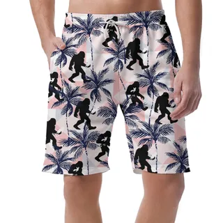 Tropical Sasquatch And Cat Pink Hawaiian Beach Shorts For Men