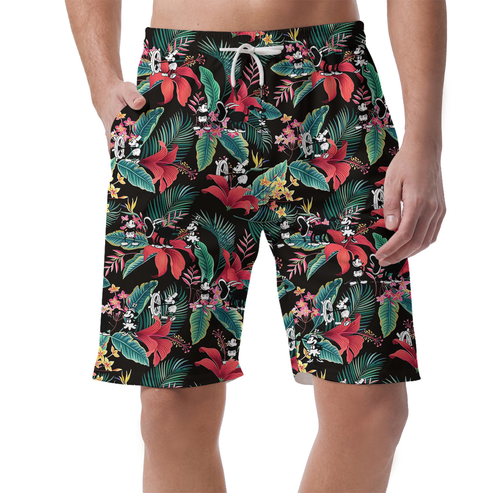 Cute Mickey Steamboat Willie Movie Tropical Hibiscus Hawaiian Beach Shorts For Men - variant image 1