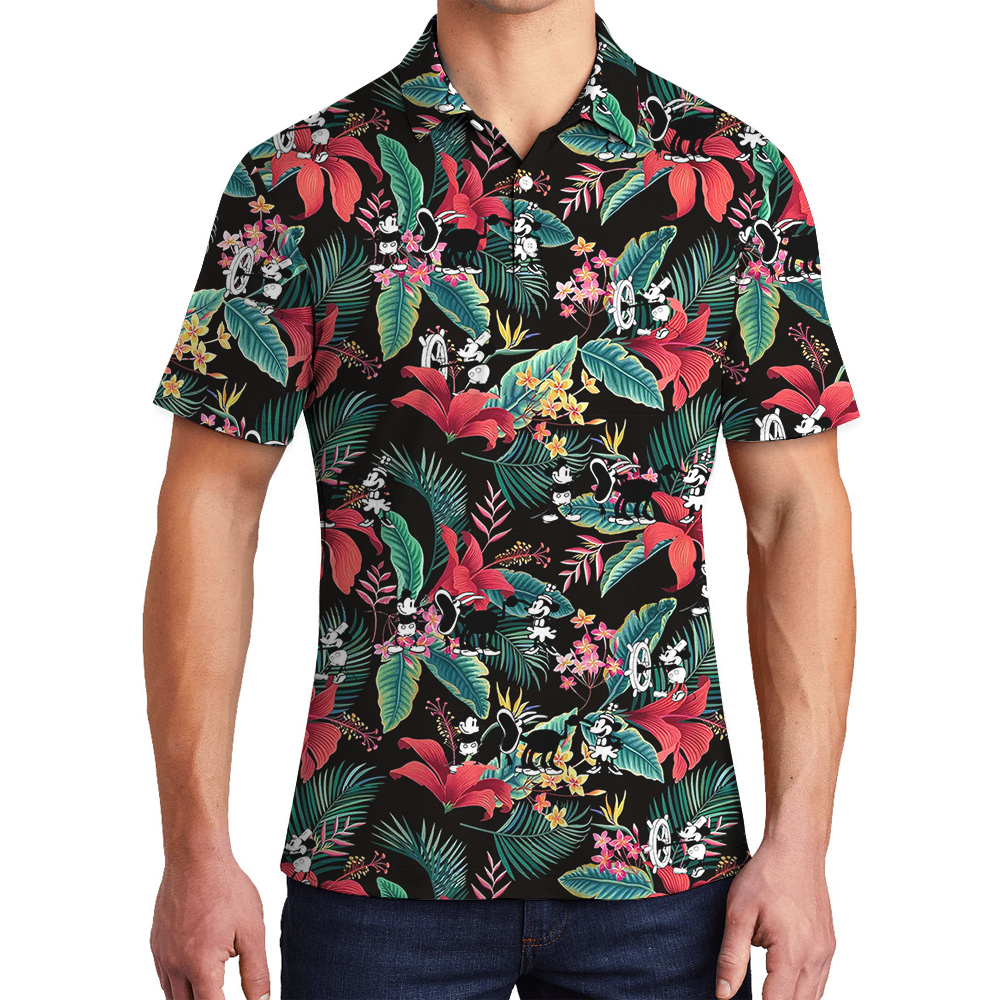 Tropical Hibiscus Steamboat Willie Movie Mickey Hawaiian Polo Shirt - variant image 1