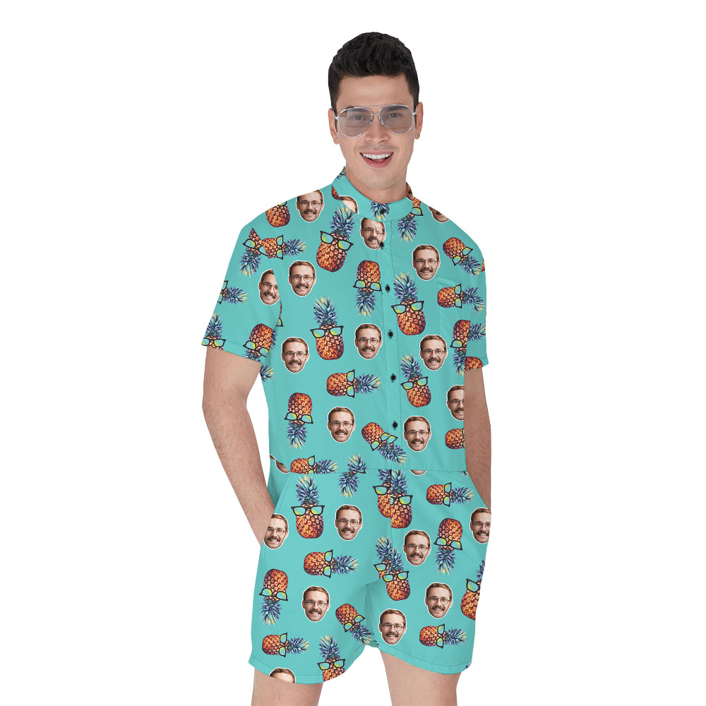 Pineapple And Faces Blue Men's Hawaiian Romper - variant image 1