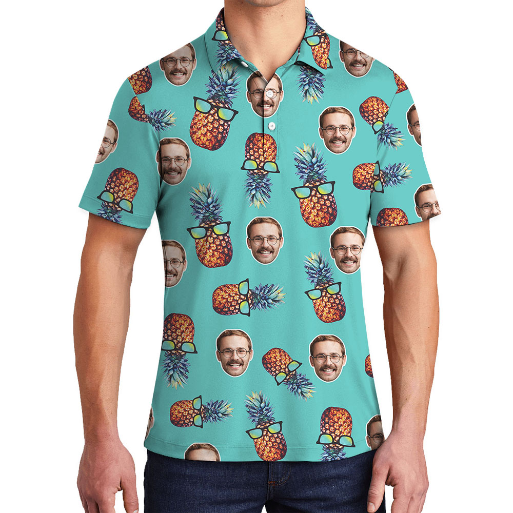 Pineapple Blue Men's Collared Shirt With Faces - variant image 1