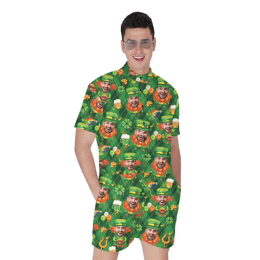 Festive Custom Face Clover St Patricks Day Hawaiian Men Rompers - variant image 1