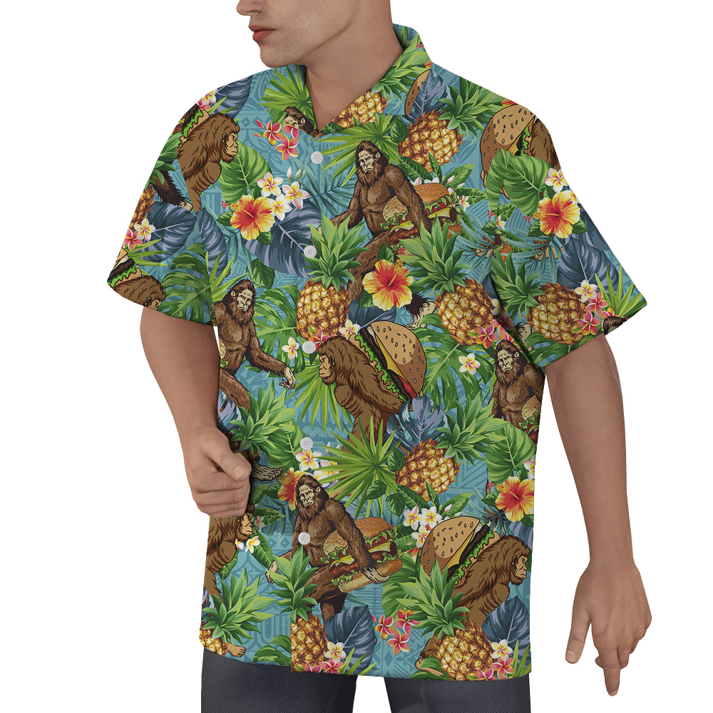 Funny Bigfoot Hamburger Tropical Pineapple Hawaiian Shirt