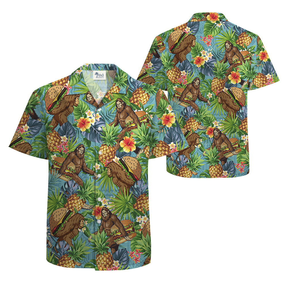 Funny Bigfoot Hamburger Tropical Pineapple Hawaiian Shirt