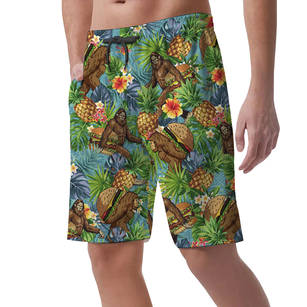 Tropical Sasquatch Hamburger Pineapple Hawaiian Beach Shorts For Men