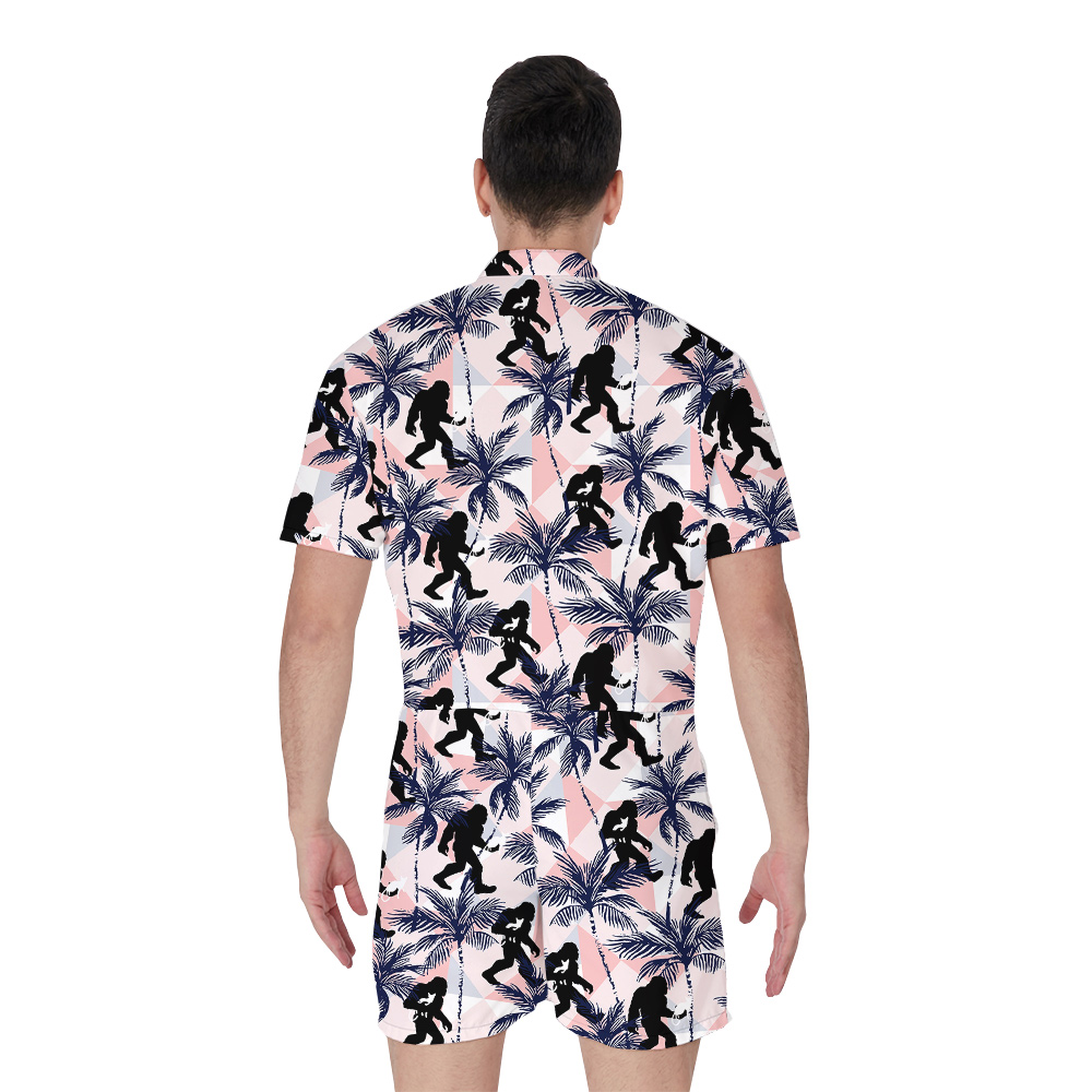 Tropical Palm Tree Bigfoot And Cat Hawaiian Romper For Men