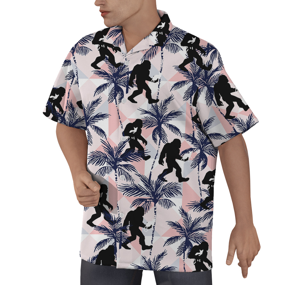 Funny Bigfoot And Cat Tropical Palm Tree Hawaiian Shirt