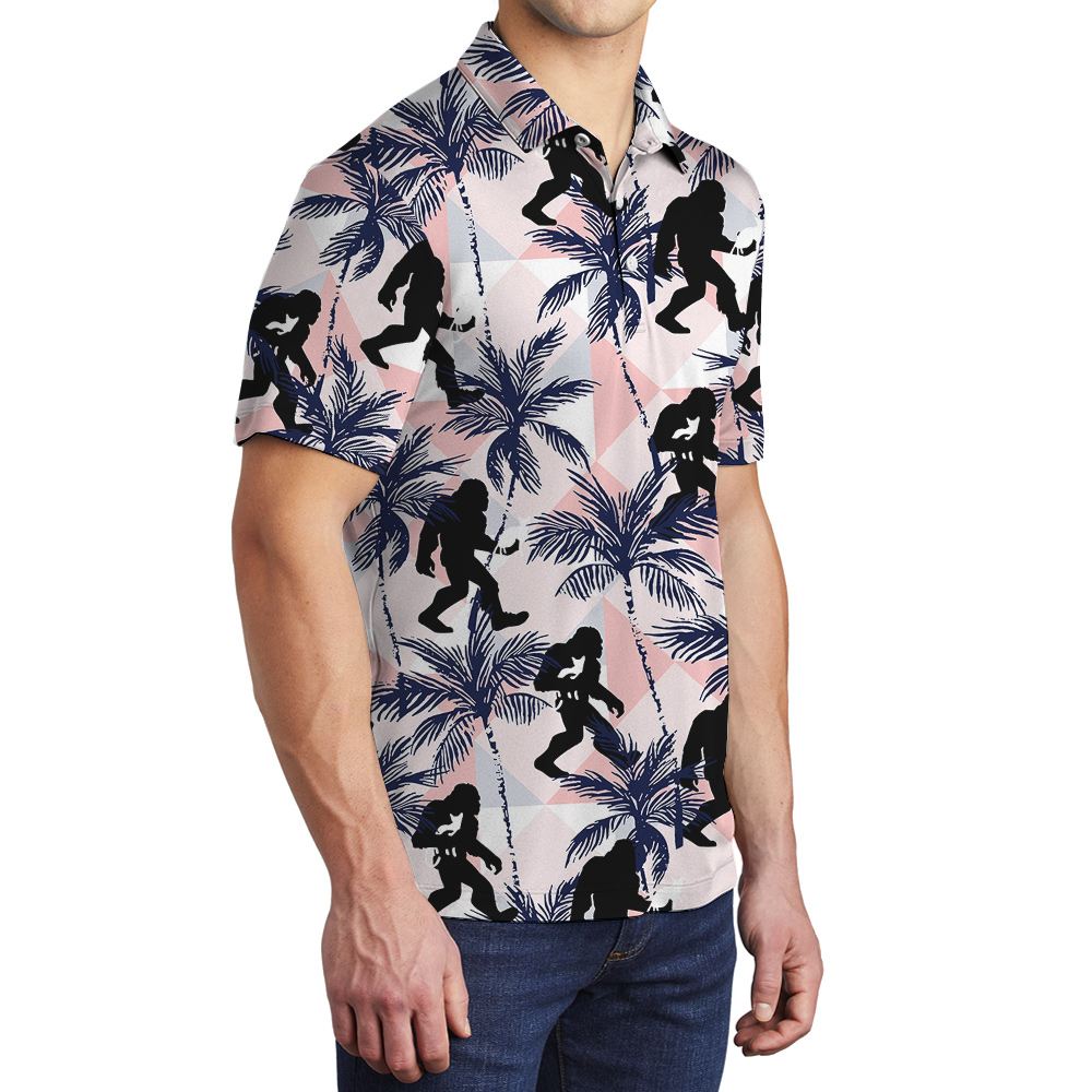 Cute Bigfoot And Cat Tropical Hawaiian Polo Golf Shirt