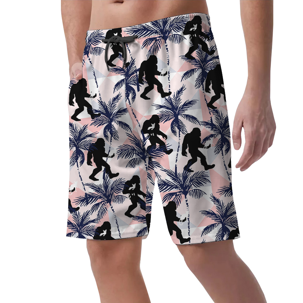 Tropical Sasquatch And Cat Pink Hawaiian Beach Shorts For Men