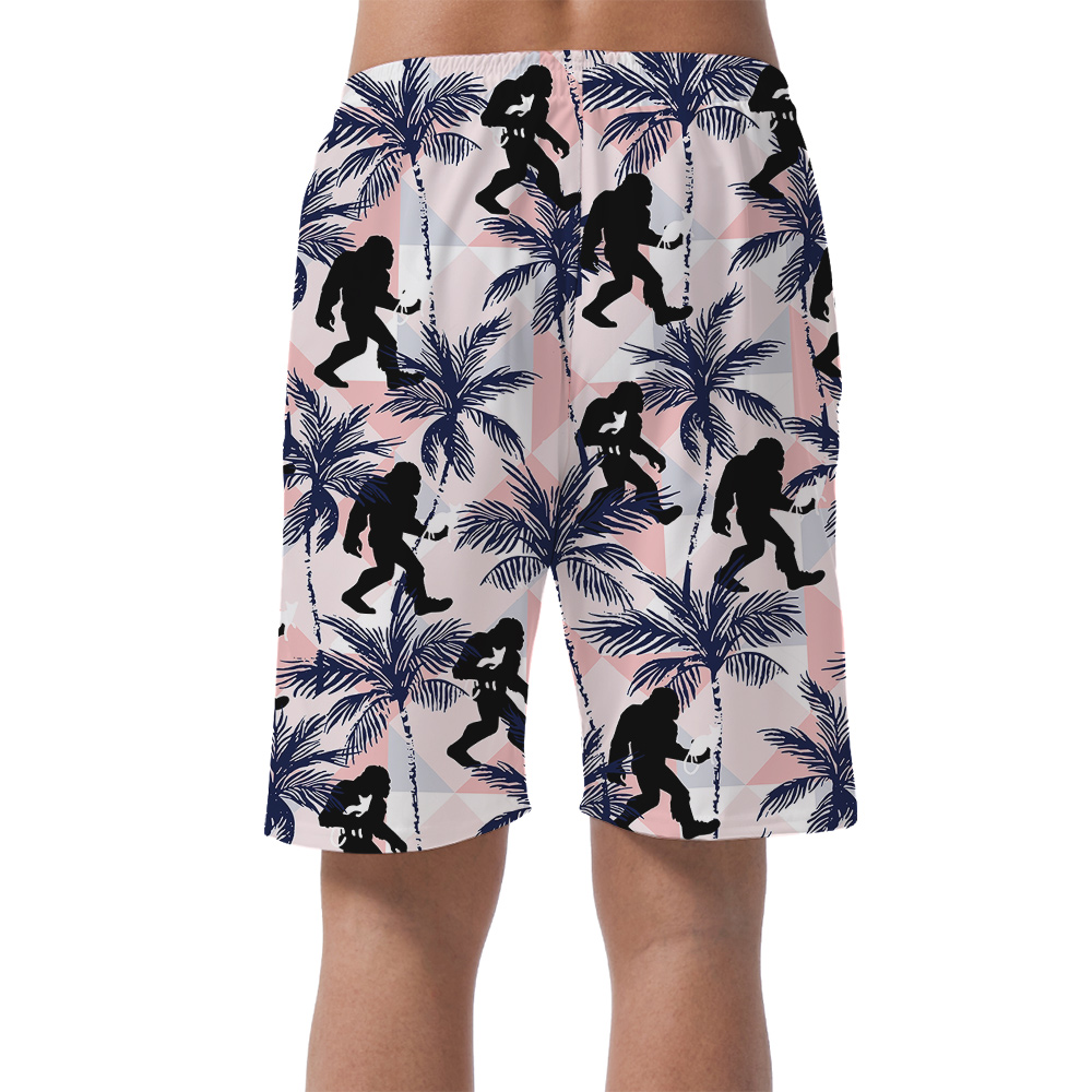 Tropical Sasquatch And Cat Pink Hawaiian Beach Shorts For Men